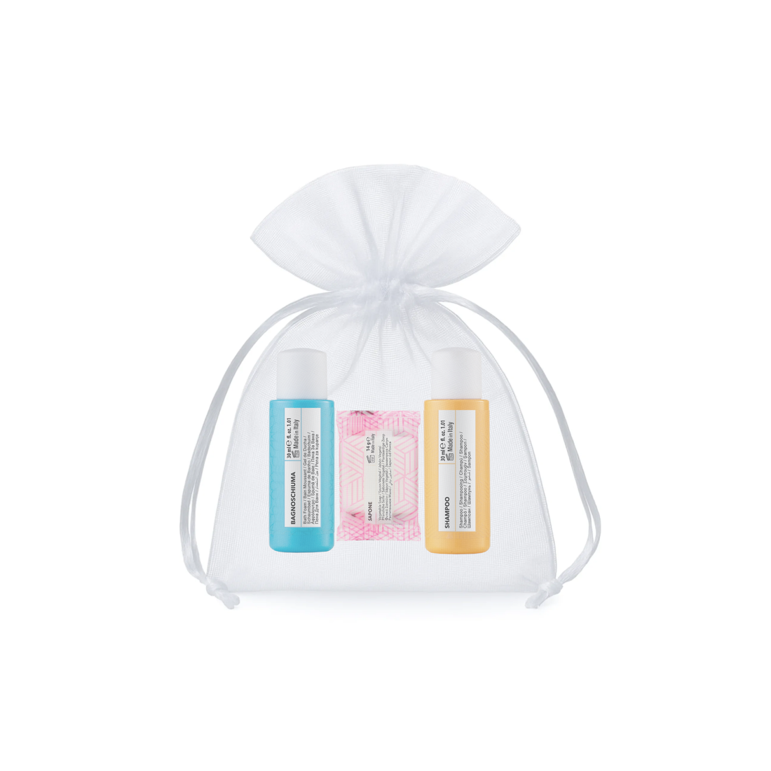 Kit di benvenuto - Color (x1 Bagnoschiuma, x1 Shampoo, x1 Sapone vegetale, 1x Sacchetto organza bianco)