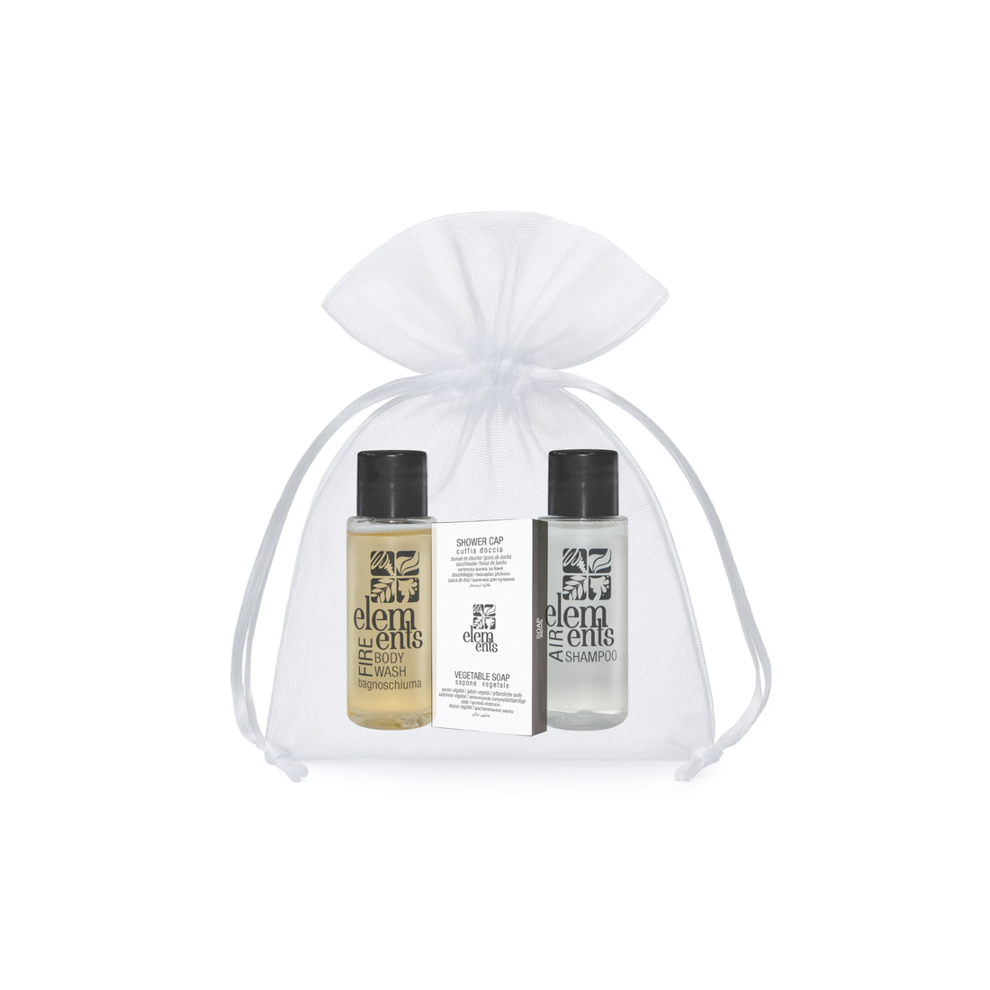 Kit di benvenuto - Elements (x1 Bagnoschiuma, x1 Shampoo, x1 Sapone vegetale, x1 Cuffia, 1x Sacchetto organza bianco)