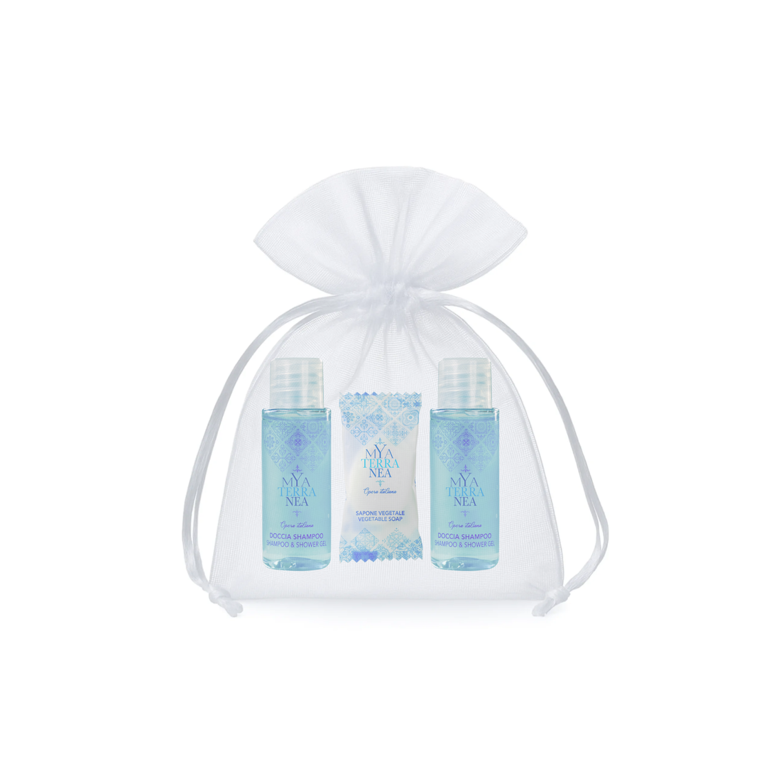 Kit di benvenuto - Mya Terranea (x2 Doccia Shampoo, x1 Sapone vegetale, 1x Sacchetto organza bianco)