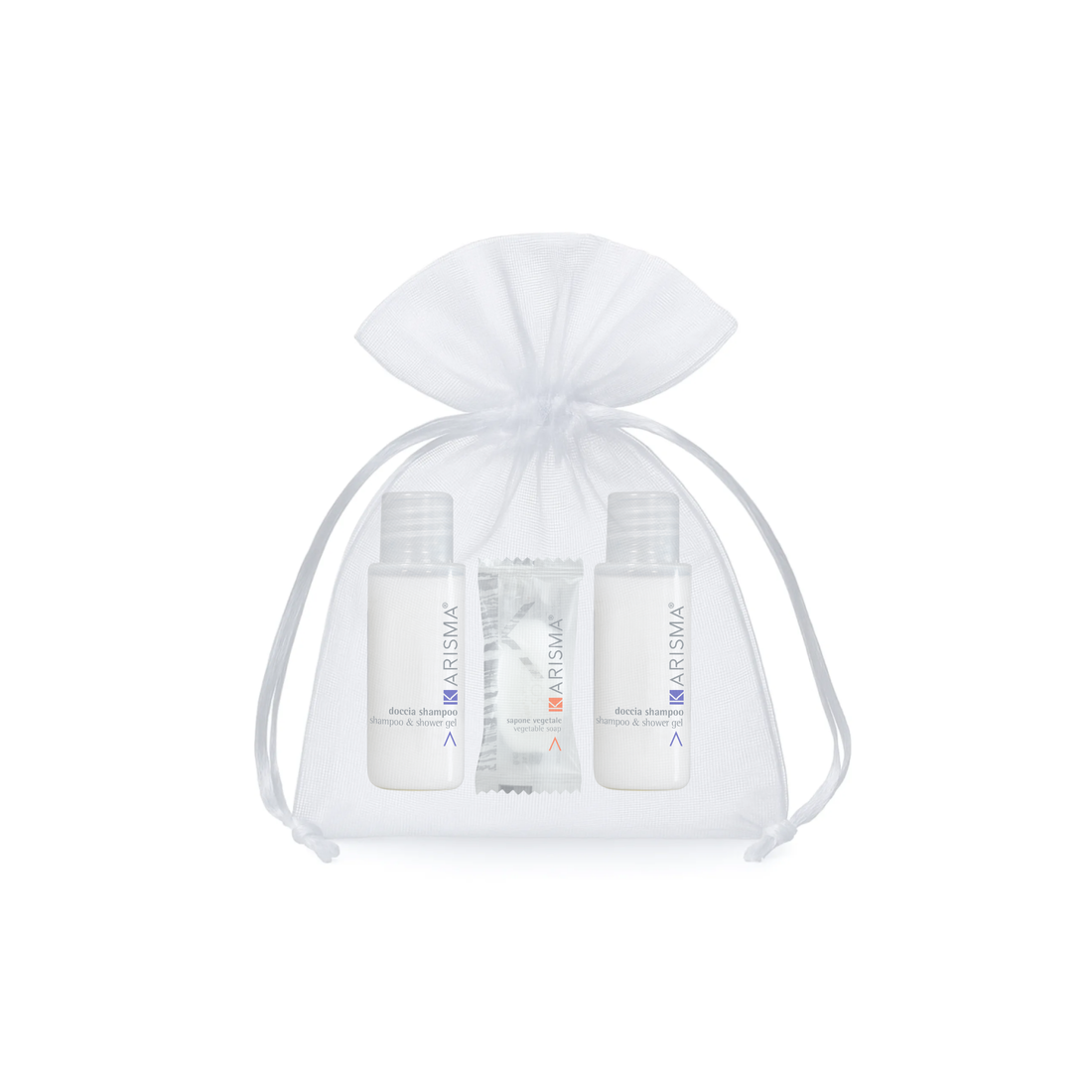 Kit di benvenuto - Karisma (x2 Doccia Shampoo, x1 Sapone vegetale, 1x Sacchetto organza bianco)